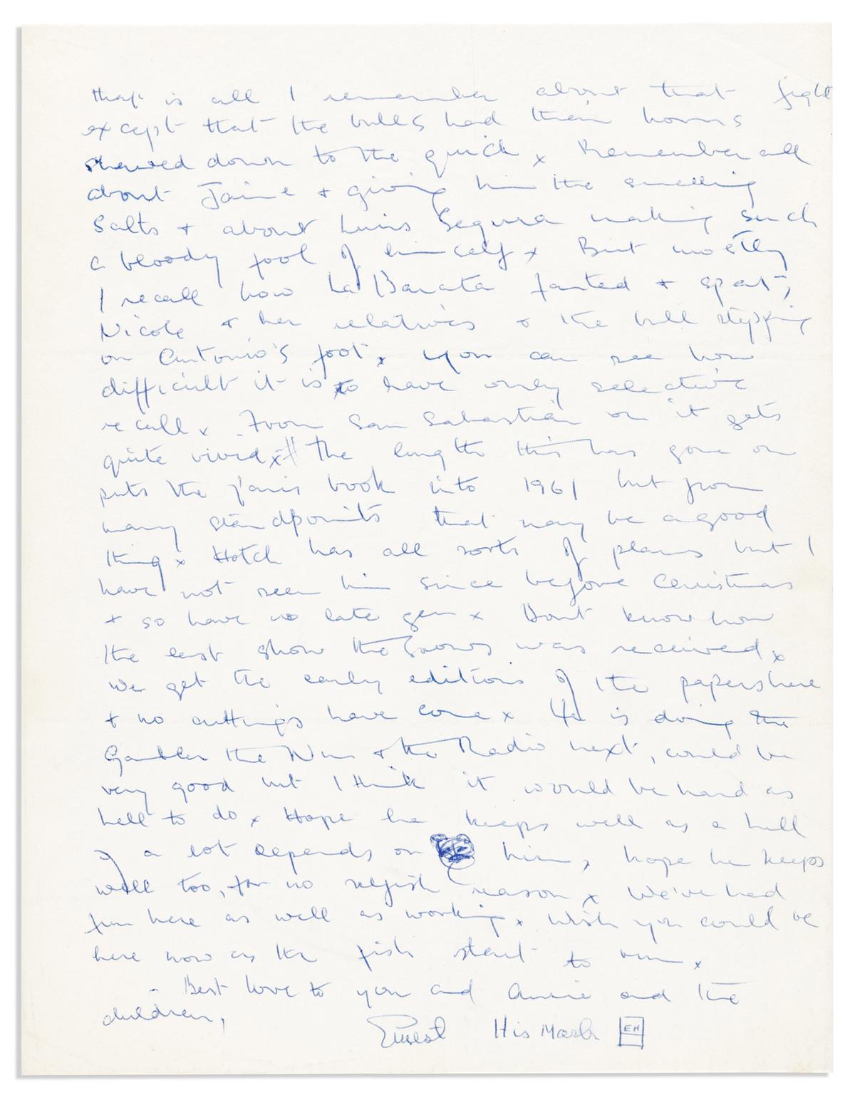 HEMINGWAY, ERNEST. Letter Signed, Ernest / His mark EH, to Bill Davis (Dear Negro),